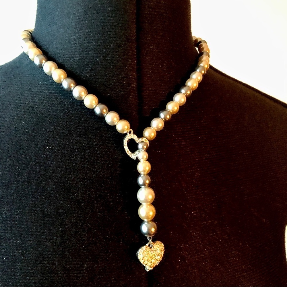 NRT Pearl and Rhinestone Heart Lariat Necklace